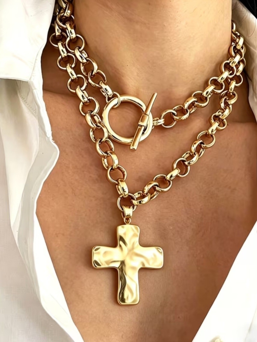 Gold Cross Chunky Toggle Necklace - Women Jewelry